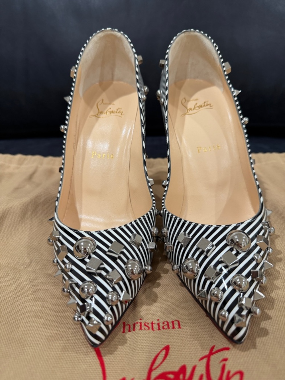 Christian Louboutin Black & White Striped Studded Pointed-Toe Pumps 100mm - Picture 4 of 8